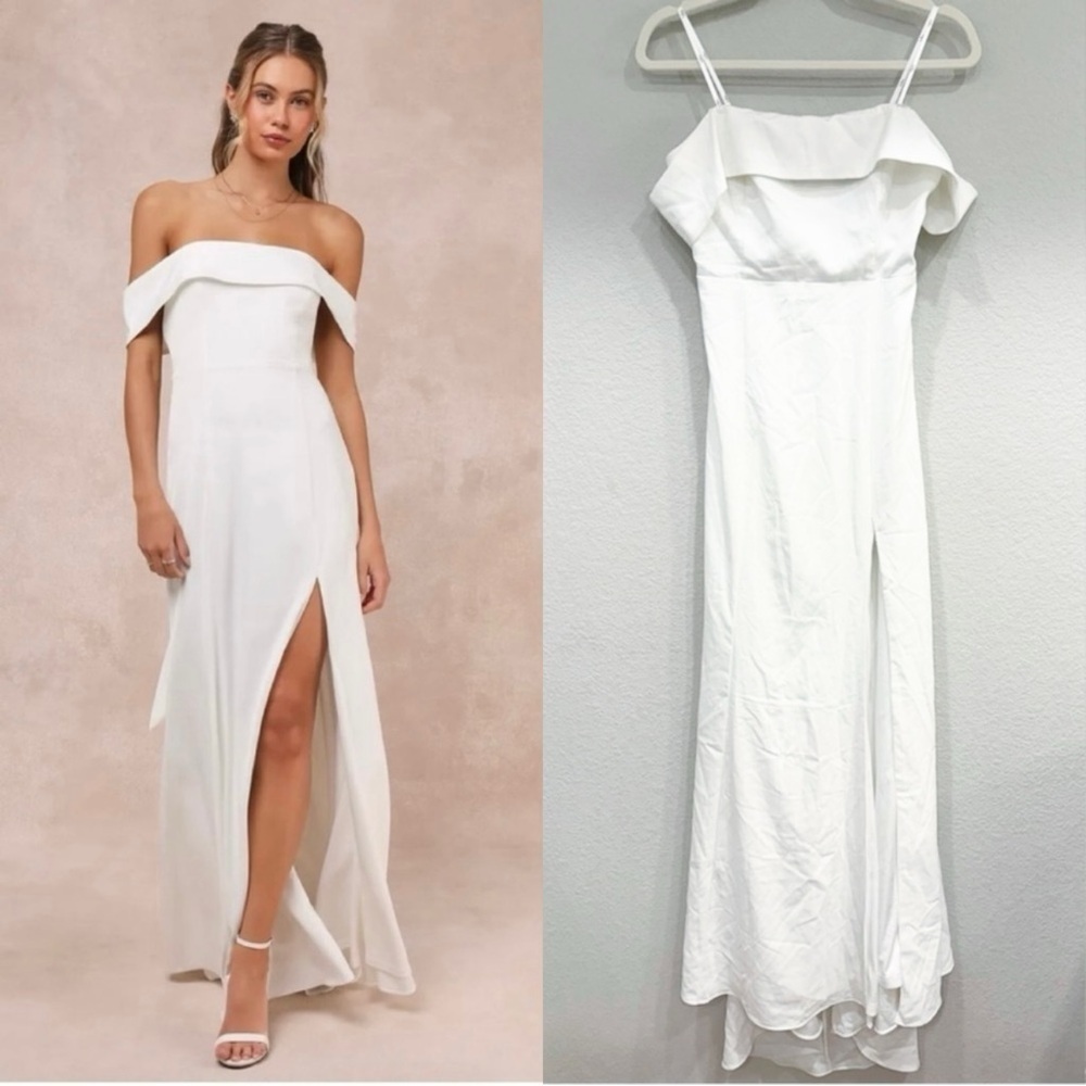 Size M NWOT Lulus Dose of Love Ivory Satin Off-the-Shoulder Mermaid Maxi Dress